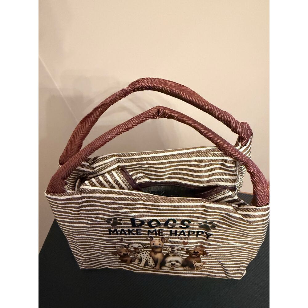New puppy-themed insulated lunch bag, brown striped pattern Dogs Make Me Happy - Picture 3 of 7
